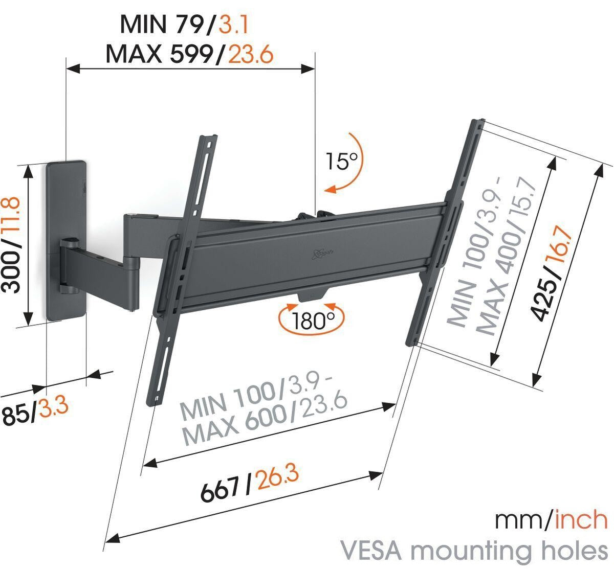 Vogels TVM 1643 Full-Motion stenski nosilec za TV, 40" do 77", 15°+180°, 35kg,črn