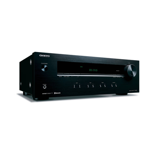 Onkyo TX-8220 DAB - sprednji pogled | Eleganten črn stereo sprejemnik z LED zaslonom, gumbi za nadzor in velikim regulatorjem glasnosti.