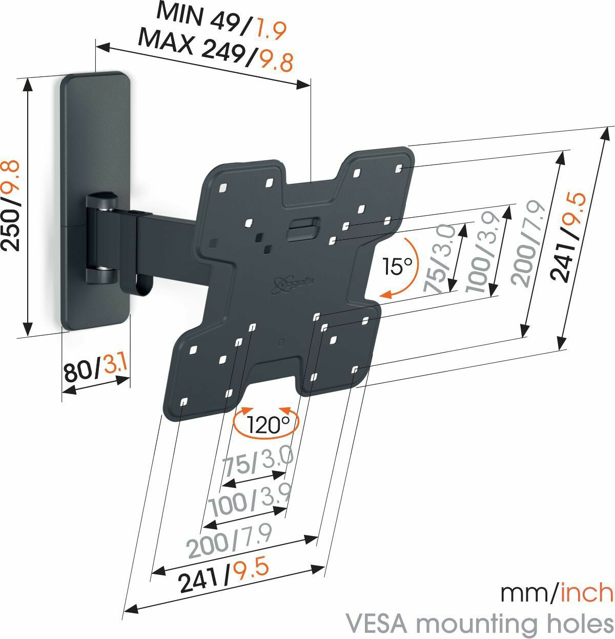 Vogels TVM 1223 Quick Full motion TV stenski nosilec,120°+15°, 19" do 43", 15kg, črn