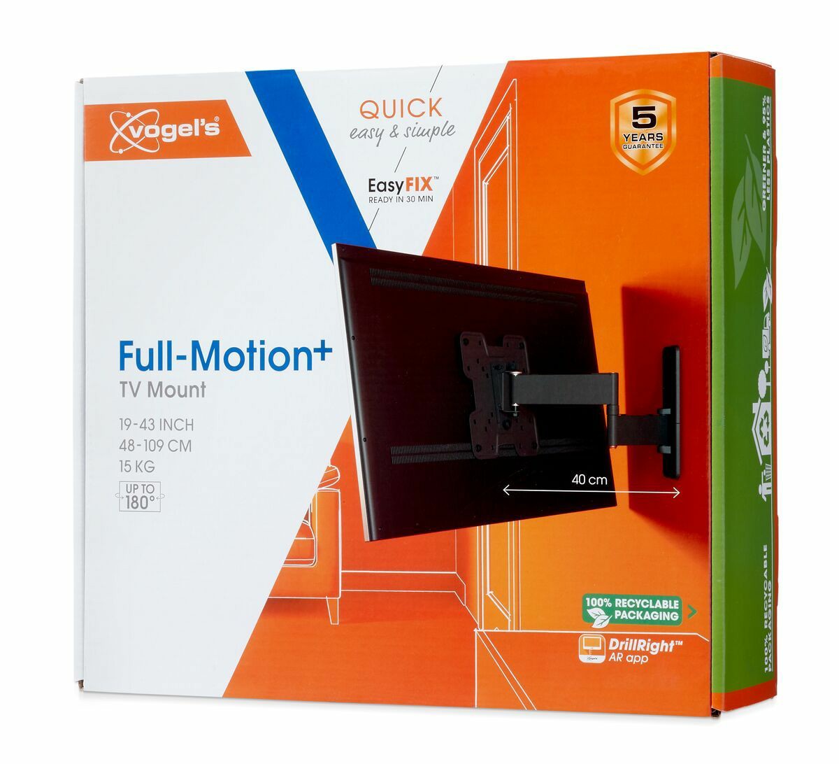 Vogels TVM 1243 Quick Full motion TV stenski nosilec, 180°+15°, 19" do 43", 15kg, črn