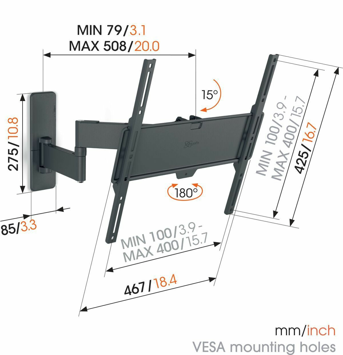 Vogels TVM 1443 Quick Full motion TV stenski nosilec,180°+15°, 32" do 65", 25kg, črn