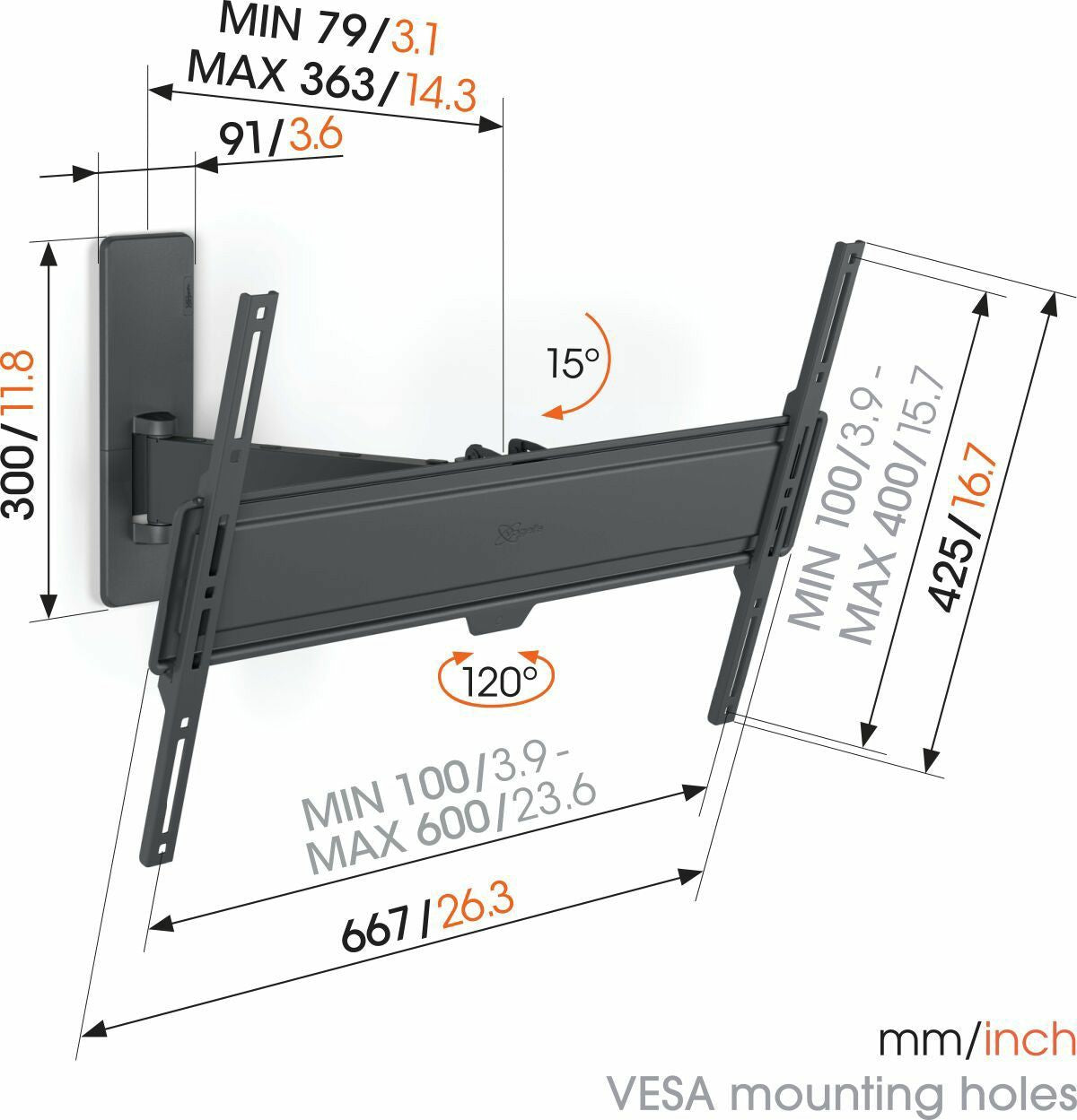 Vogels TVM 1623 Full-Motion stenski nosilec za TV, 40" do 77", 15°+120°, 35kg, črn