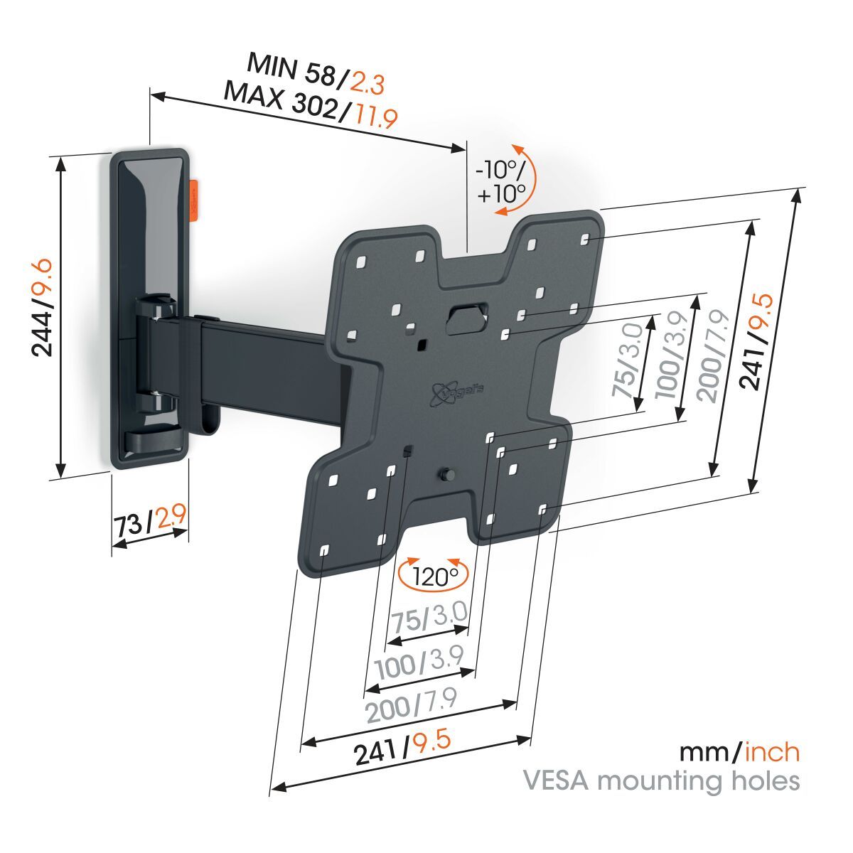 Vogels TVM 3223 Full-Motion stenski nosilec za TV, 19" do 43", 20°+120°, 15kg, Črn