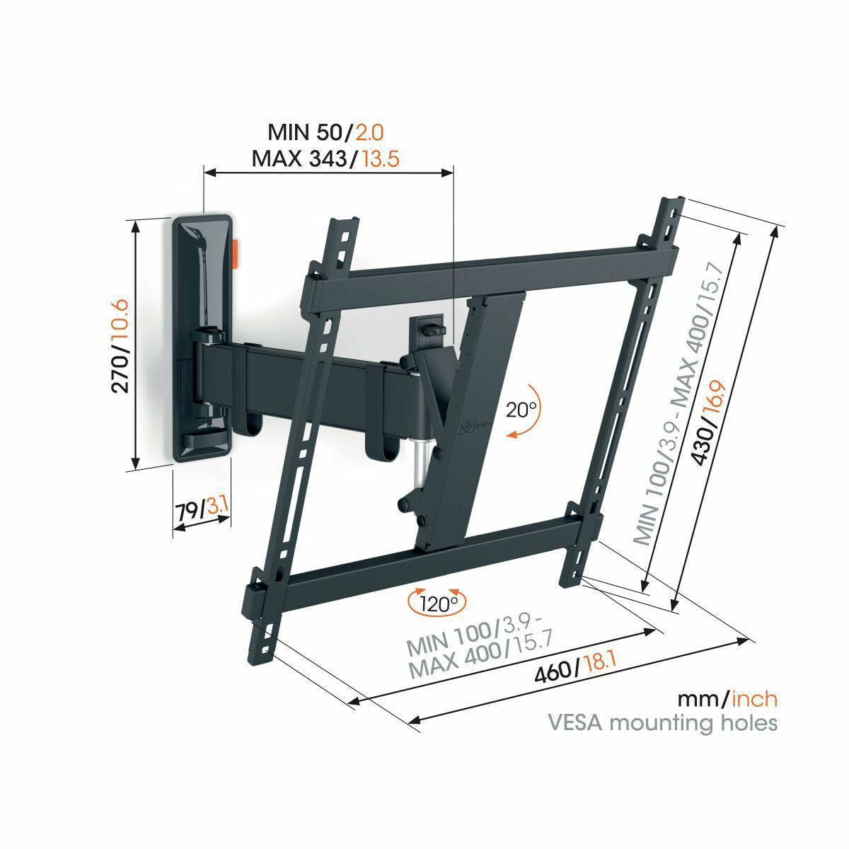 Vogels TVM 3423 Full-Motion stenski nosilec za TV, 32" do 65", 20°+120°, 25kg, Črn