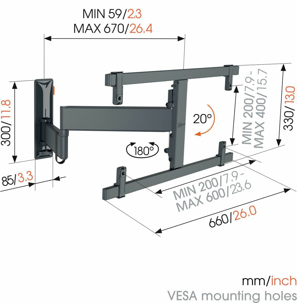 Vogels TVM 3663 Full-Motion OLED stenski nosilec, 40" do 77", 20°+180°, 35kg, črn